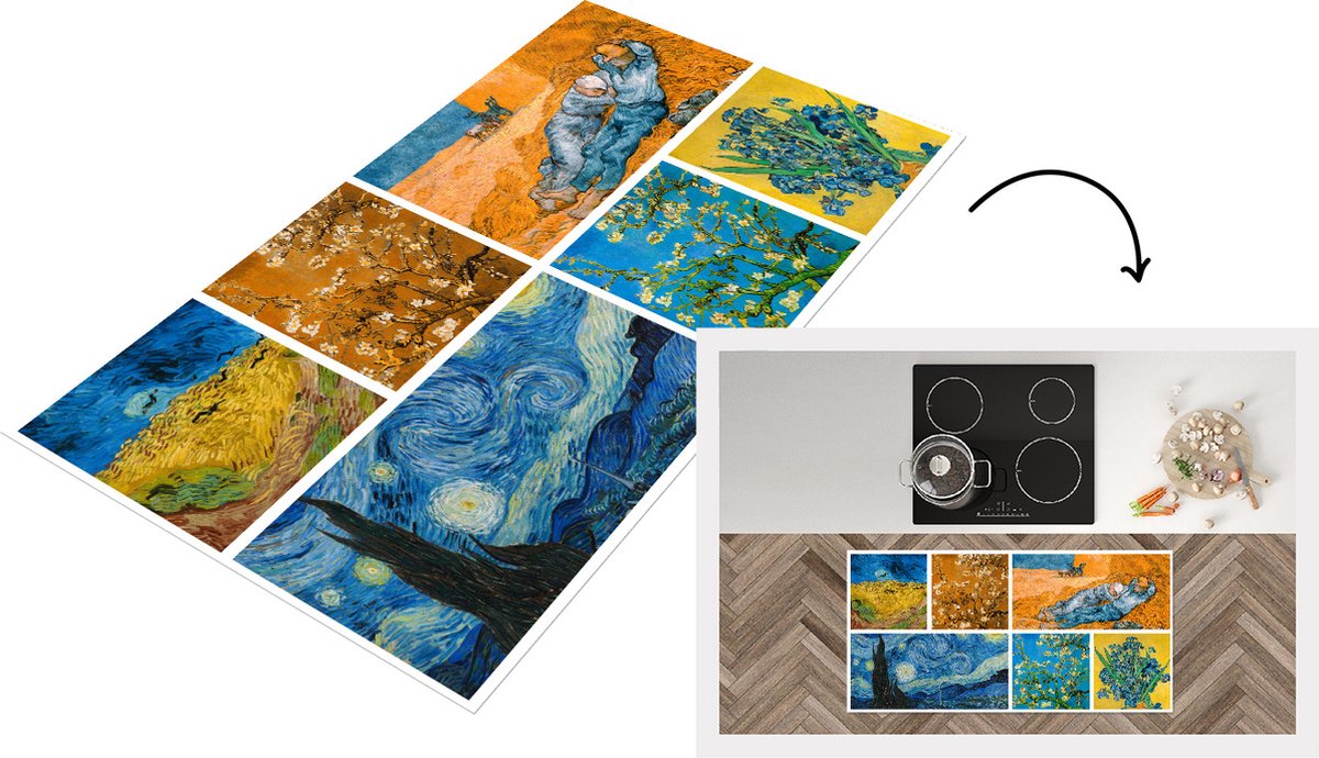 KitchenYeah Keukenloper - Loper keuken - Van Gogh - Collage - Sterrennacht - 120x60 cm - Keukenloper vinyl Multicolor