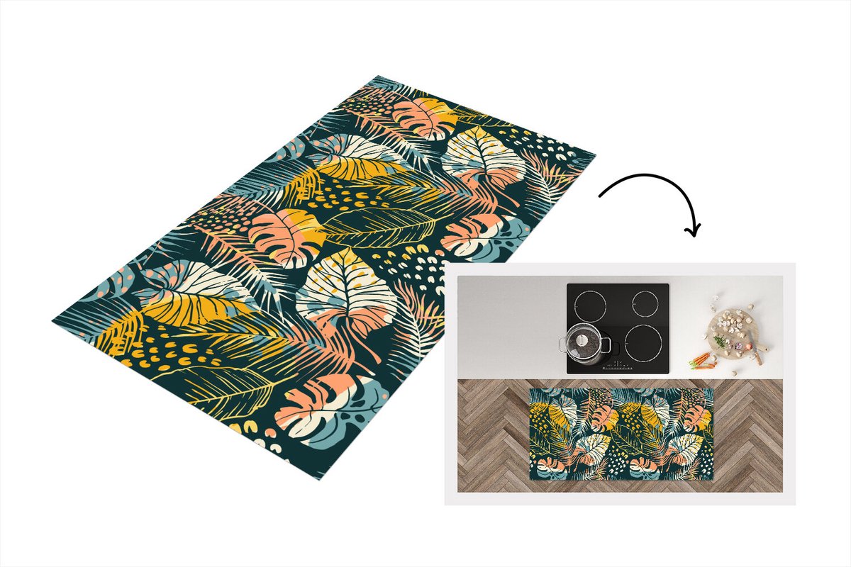 KitchenYeah Keukenloper - Loper keuken - Tropische bladeren - Zomer - Patronen - 120x60 cm - Keukenloper vinyl Multicolor