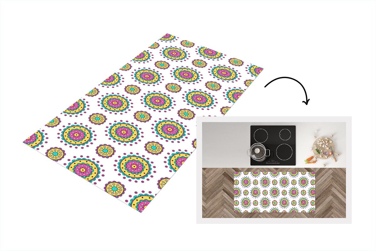 KitchenYeah Keukenloper - Loper keuken - Meisjes - Bloemen - Mandala - Patronen - 120x60 cm - Keukenloper vinyl Multicolor