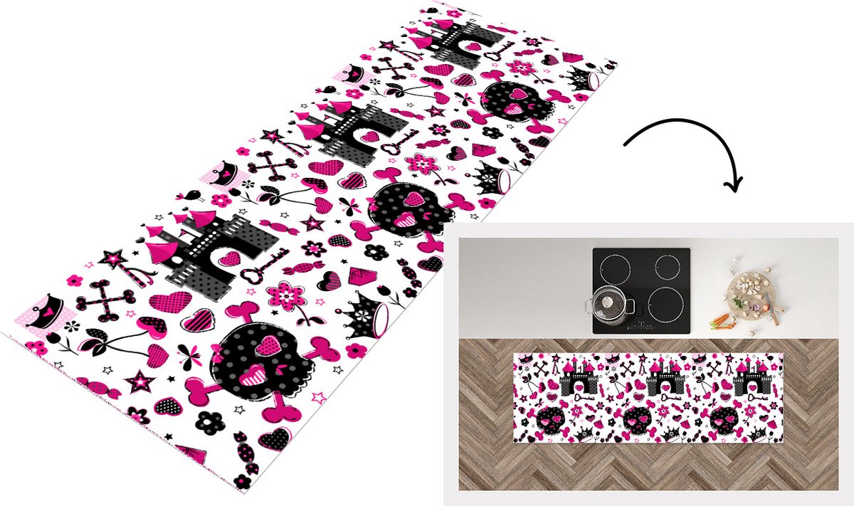 KitchenYeah Keukenloper - Loper keuken - Meiden - Kroon - Hart - Patronen - 150x50 cm - Keukenloper vinyl Multicolor