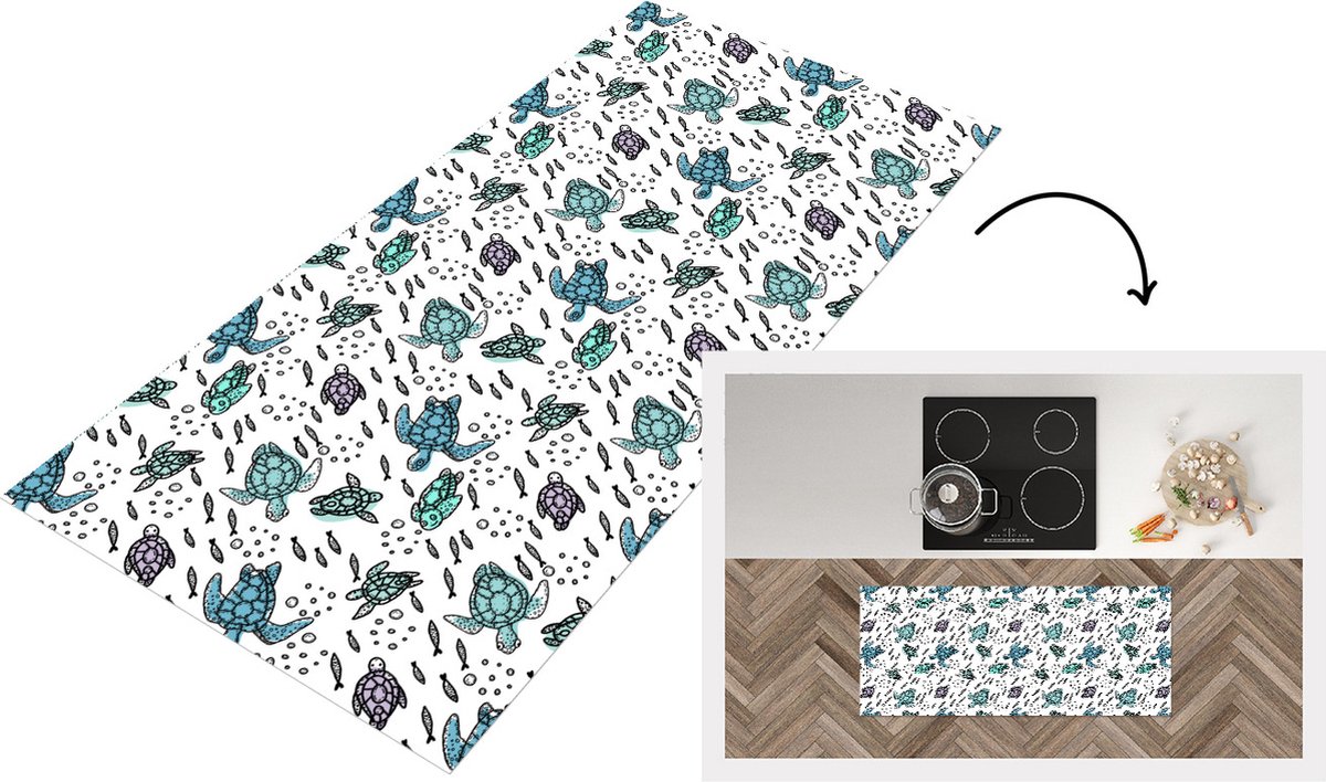 KitchenYeah Keukenloper - Loper keuken - Patronen - Schildpad - Vissen - 120x50 cm - Keukenloper vinyl Multicolor