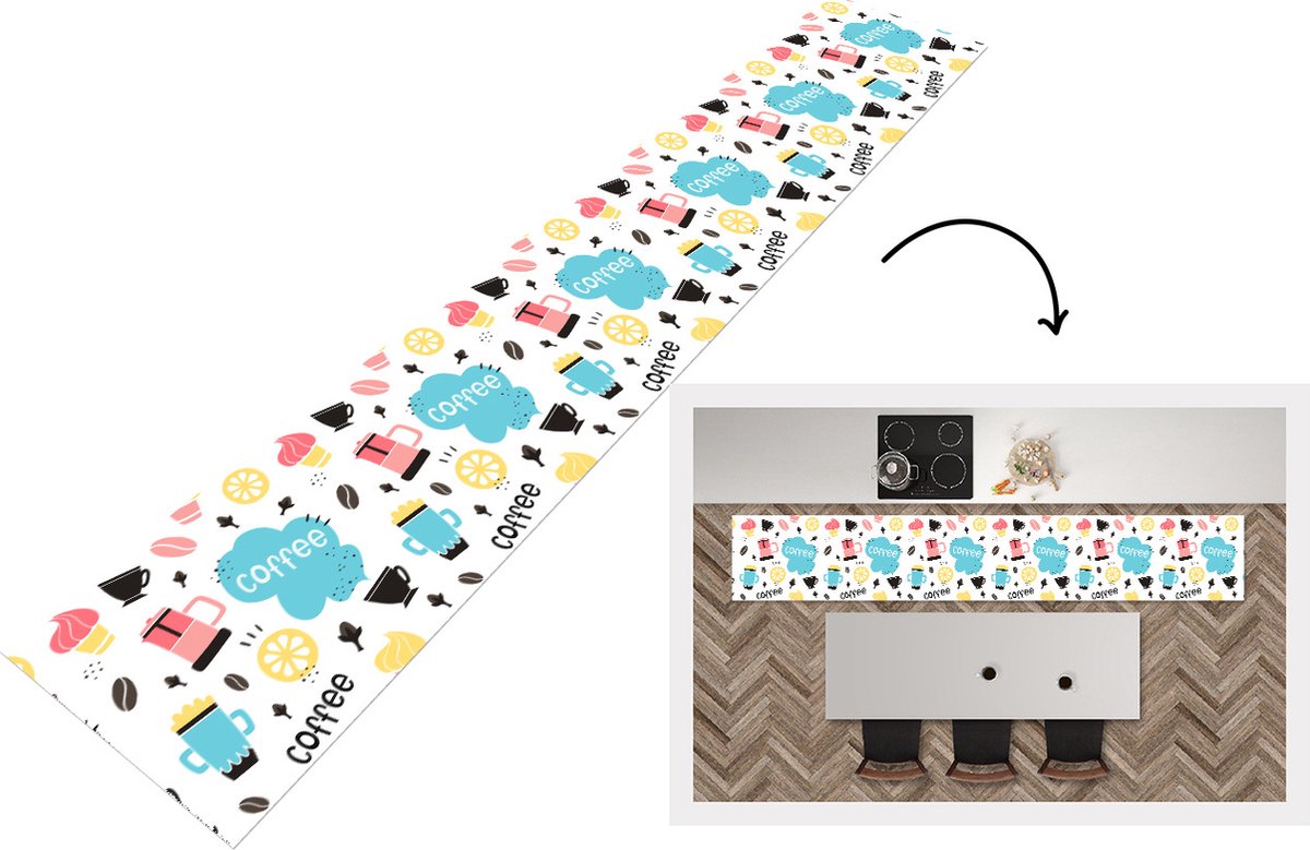 KitchenYeah Keukenloper - Loper keuken - Patronen - Koffiebonen - Koffie - IJs - 300x50 cm - Keukenloper vinyl Multicolor