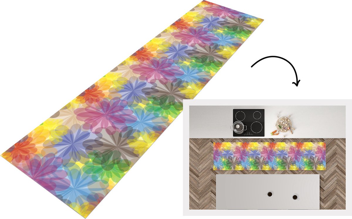 KitchenYeah Keukenloper - Loper keuken - Regenboog - Bloemen - Abstract - Patronen - 240x60 cm - Keukenloper vinyl Multicolor