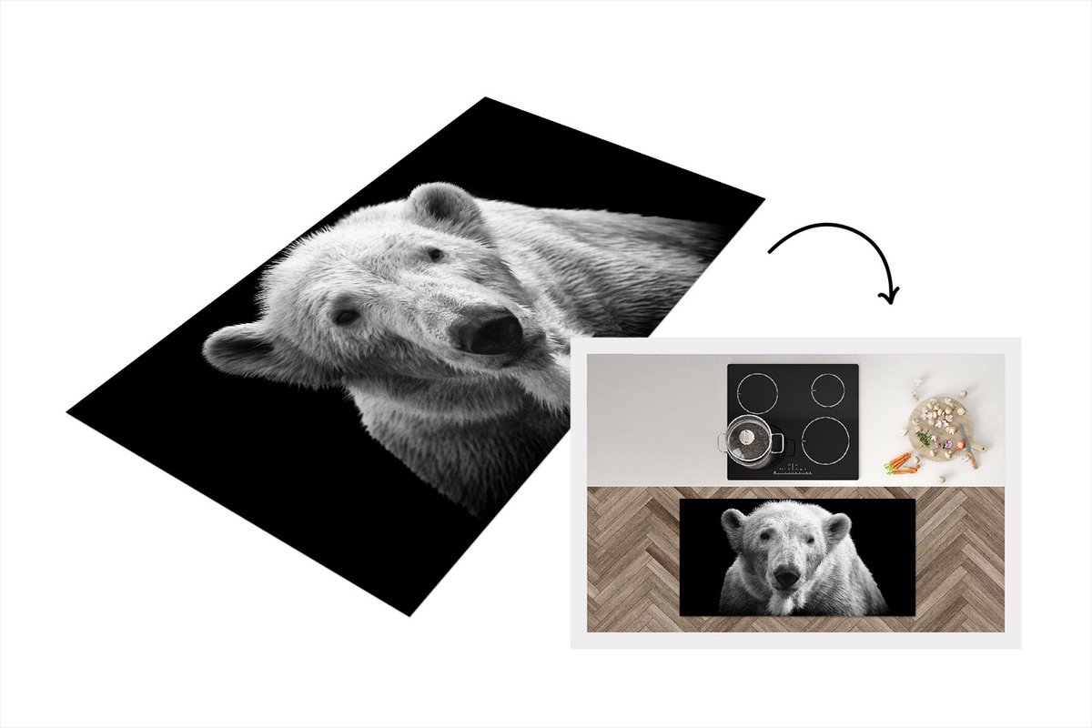 KitchenYeah Keukenloper - Loper keuken - Portretfoto ijsbeer op zwarte achtergrond in zwart-wit - 120x60 cm - Keukenloper vinyl Zwart; Wit