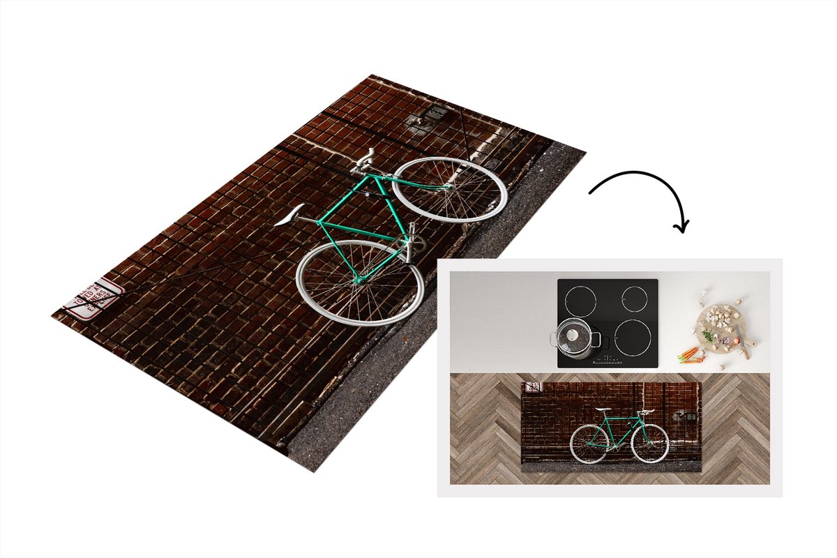 KitchenYeah Keukenloper - Loper keuken - Groene fiets bij het hek - Keukenloper vinyl, foto 2