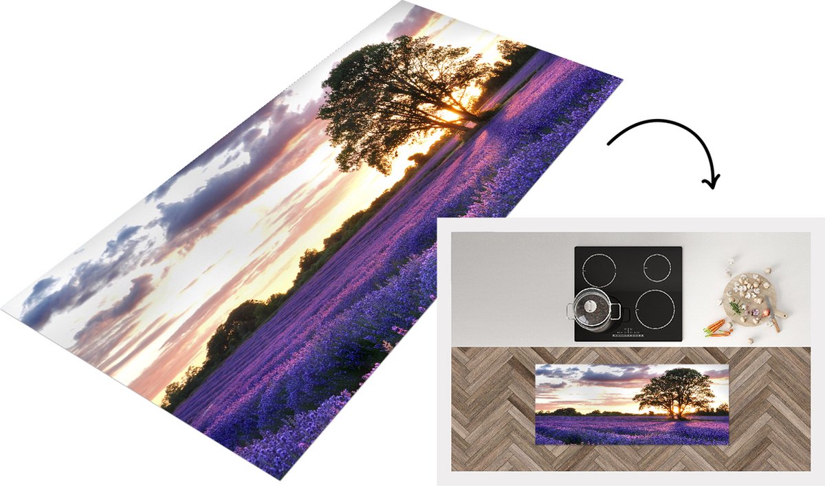 KitchenYeah Keukenloper - Loper keuken - De avondzonsondergang van de zomer over gebied van organische lavendel in Surrey, Engeland. - 120x50 cm - Keukenloper vinyl Multicolor