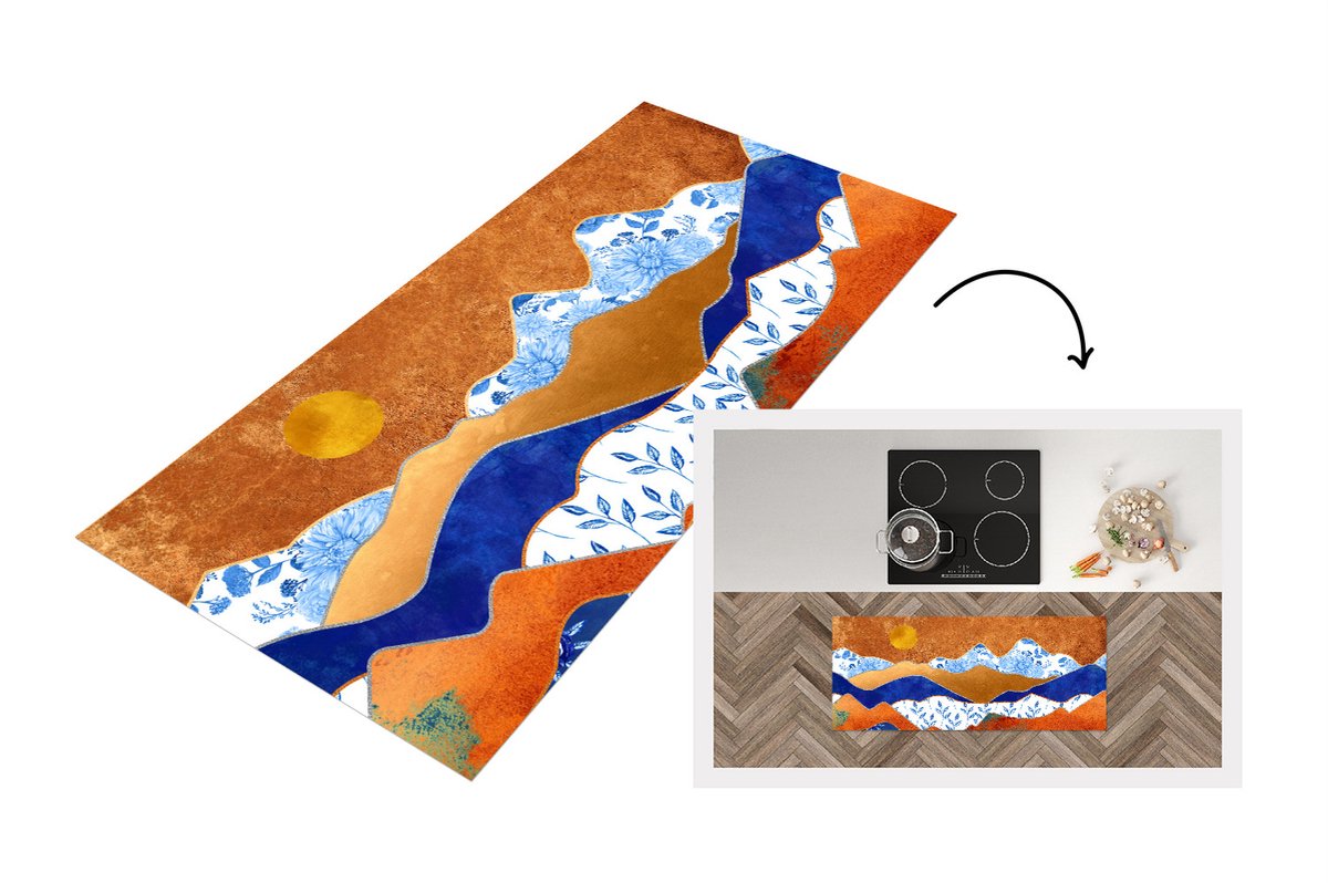KitchenYeah Keukenloper - Loper keuken - Goud - Delfts Blauw - Bergen - 120x50 cm - Keukenloper vinyl Multicolor
