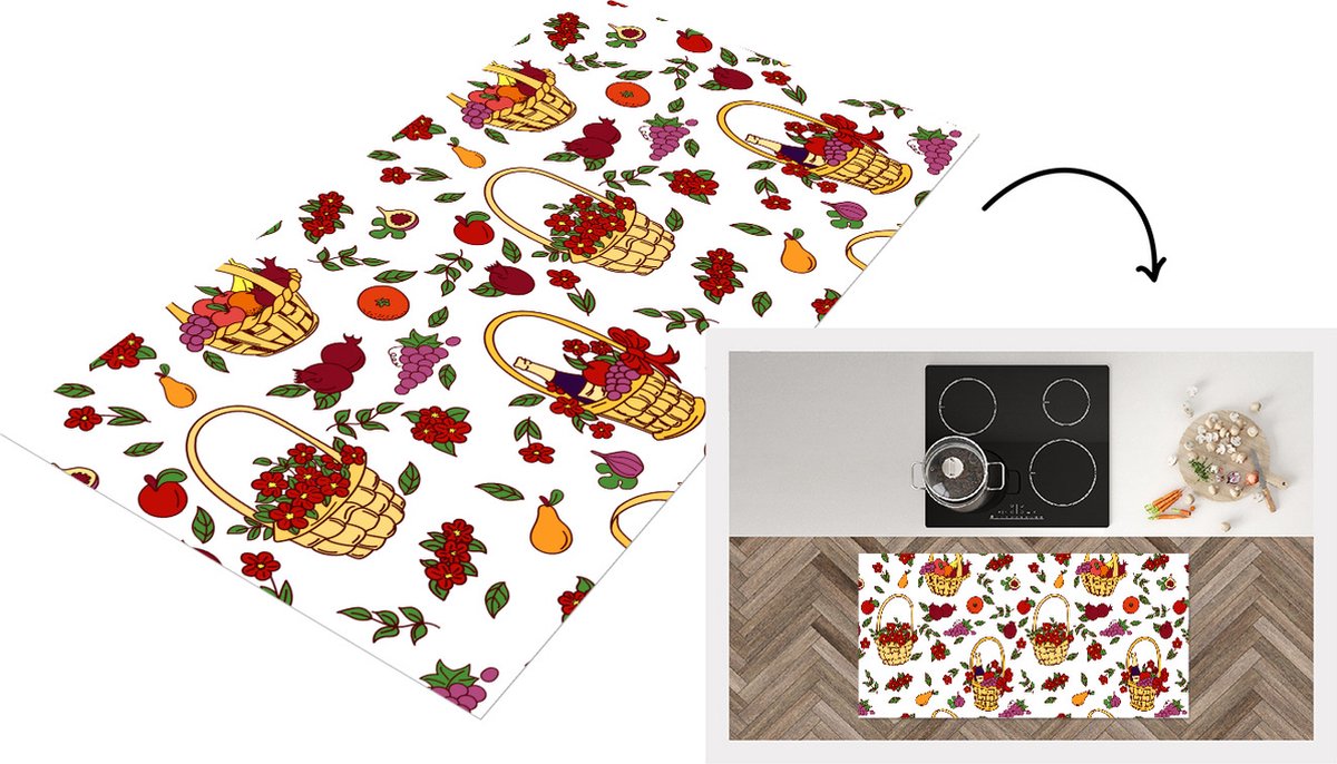 KitchenYeah Keukenloper - Loper keuken - Mand - Fruit - Patronen - 120x60 cm - Keukenloper vinyl Multicolor