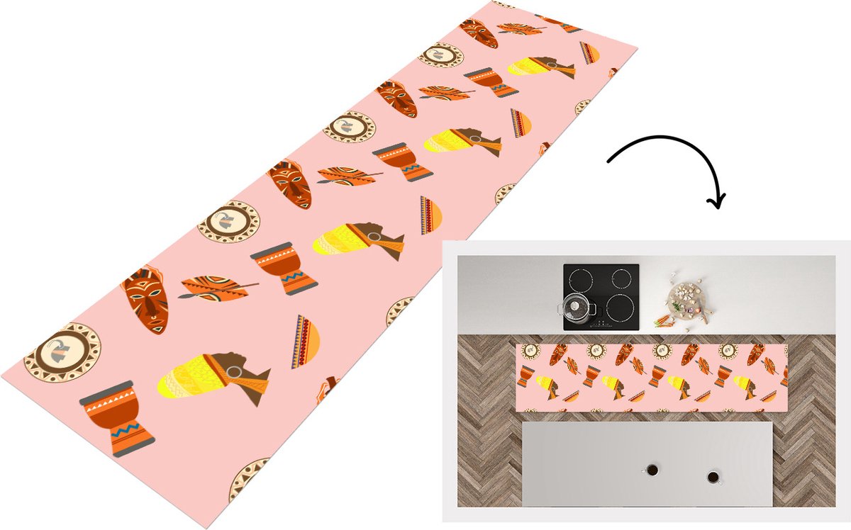 KitchenYeah Keukenloper - Loper keuken - Afrika - Djembé - Patronen - Afrikaanse maskers - 200x50 cm - Keukenloper vinyl Multicolor