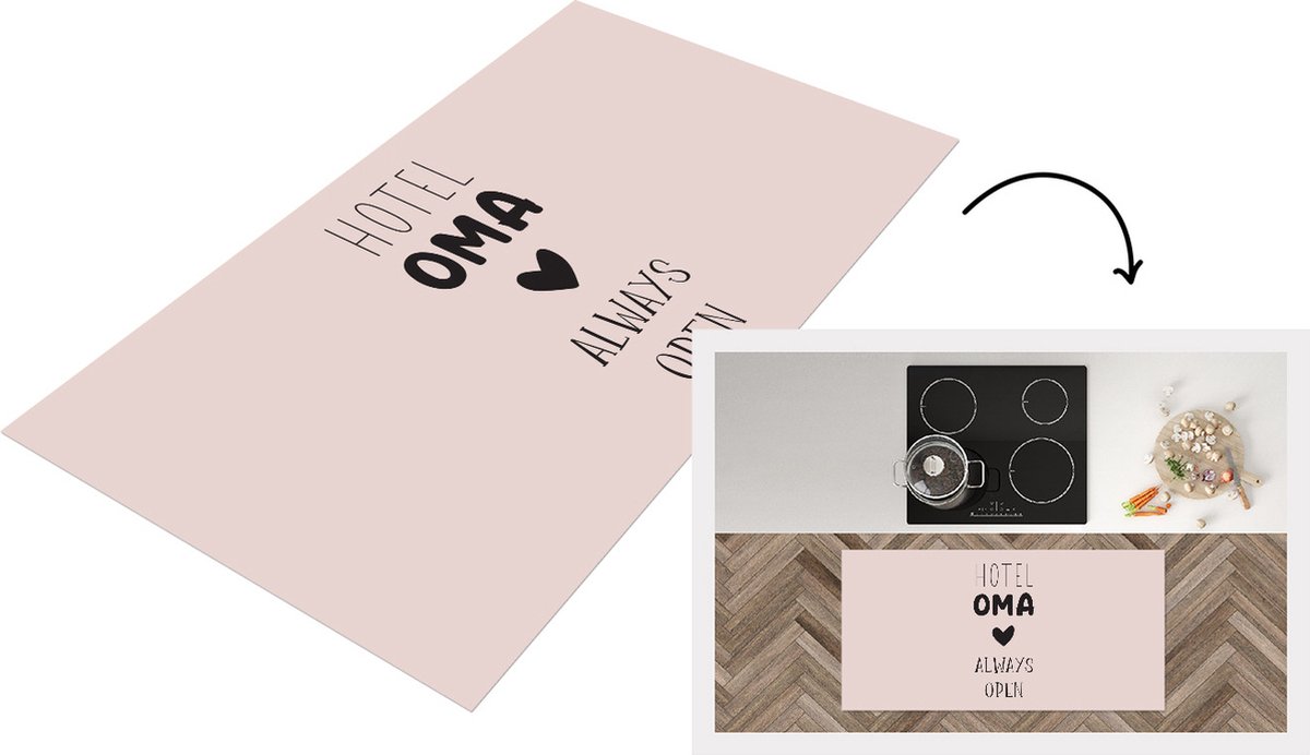 KitchenYeah Keukenloper - Loper keuken - Spreuken - Quotes Hotel Oma Always Open - Moederdag - Oma cadeau - Grootmoeder - Roze - 120x60 cm - Keukenloper vinyl Multicolor