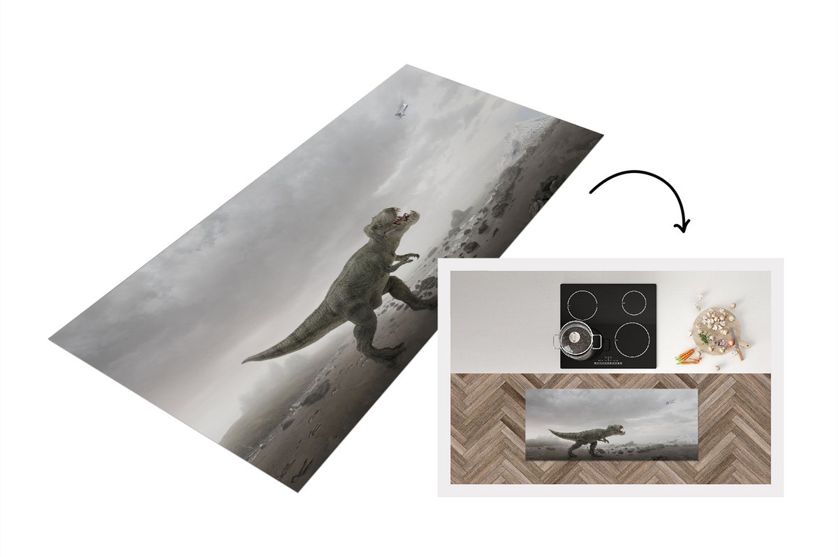 KitchenYeah Keukenloper - Loper keuken - Dinosaurus - Zand - Wolken - 120x50 cm - Keukenloper vinyl Multicolor