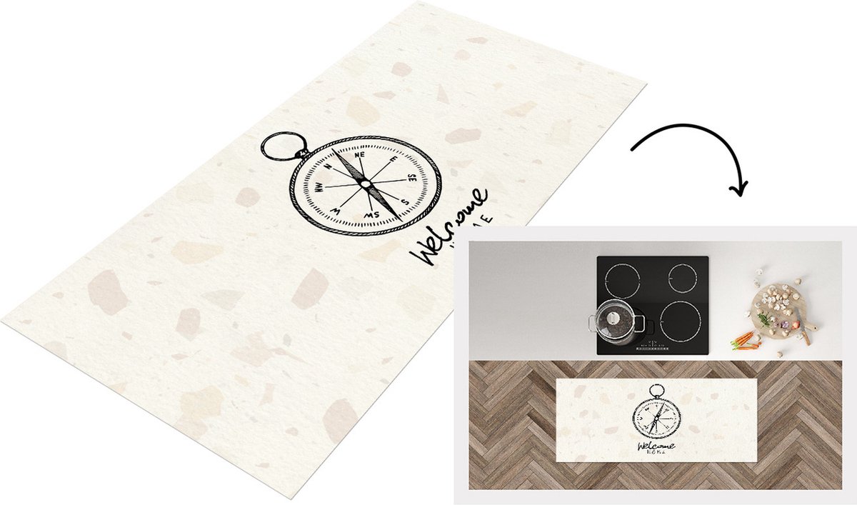KitchenYeah Keukenloper - Loper keuken - Welkom Thuis - Kompas - Zwart - 120x50 cm - Keukenloper vinyl Multicolor