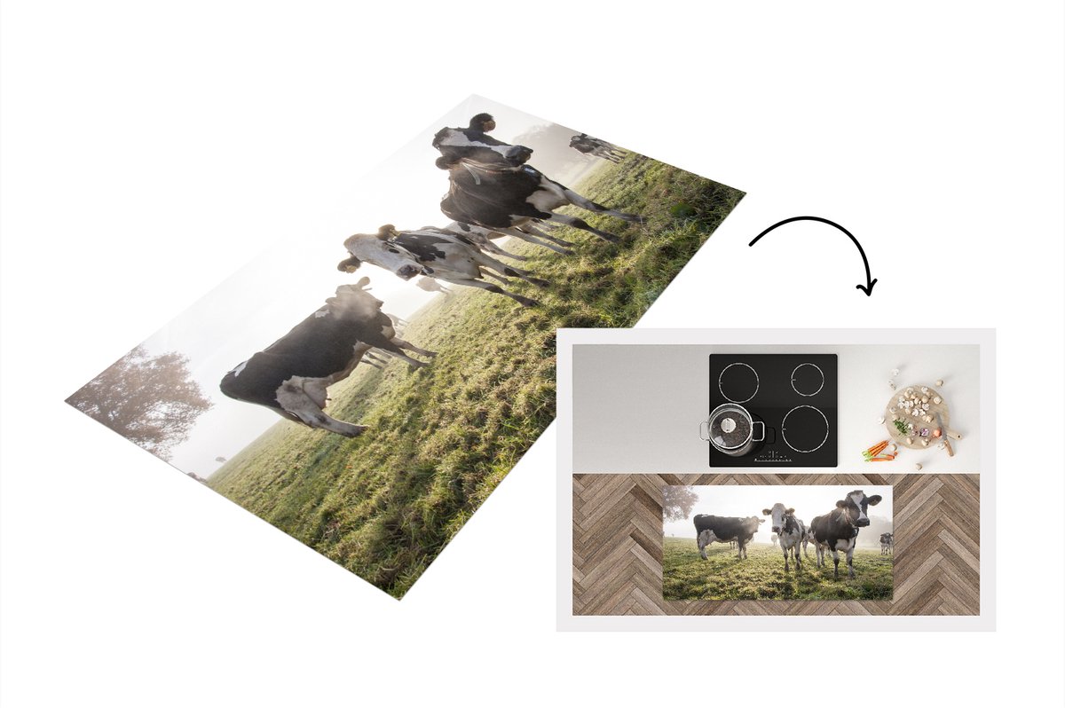 KitchenYeah Keukenloper - Loper keuken - Koeien - Gras - Mist - 120x60 cm - Keukenloper vinyl Multicolor