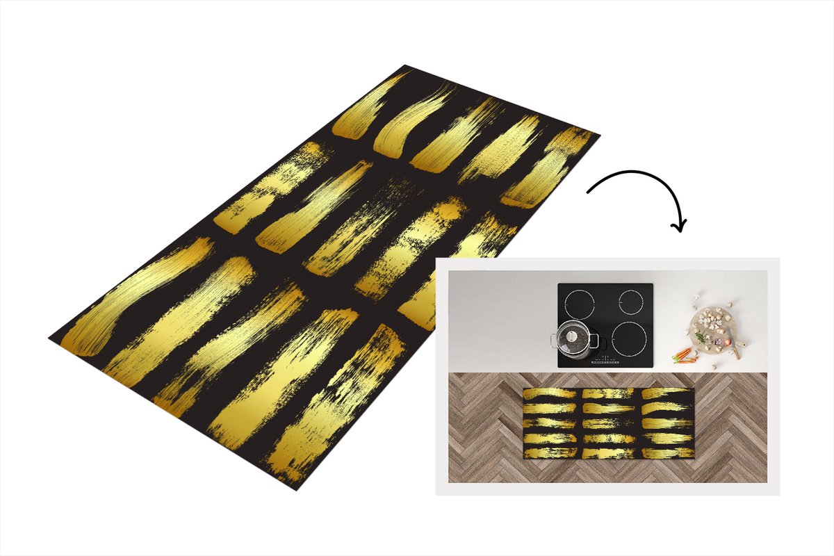 KitchenYeah Keukenloper - Loper keuken - Gouden strepen op een zwarte achtergrond - 120x50 cm - Keukenloper vinyl Multicolor