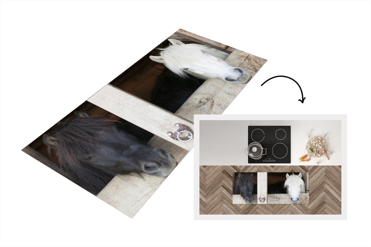 KitchenYeah Keukenloper - Loper keuken - Paarden - Paardenstal - Planken - 120x50 cm - Keukenloper vinyl Multicolor