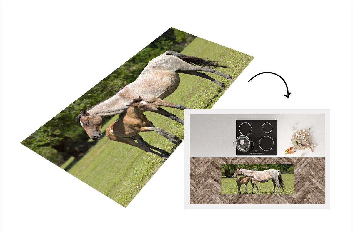 KitchenYeah Keukenloper - Loper keuken - Paarden - Gras - Schaduw - 120x50 cm - Keukenloper vinyl Multicolor