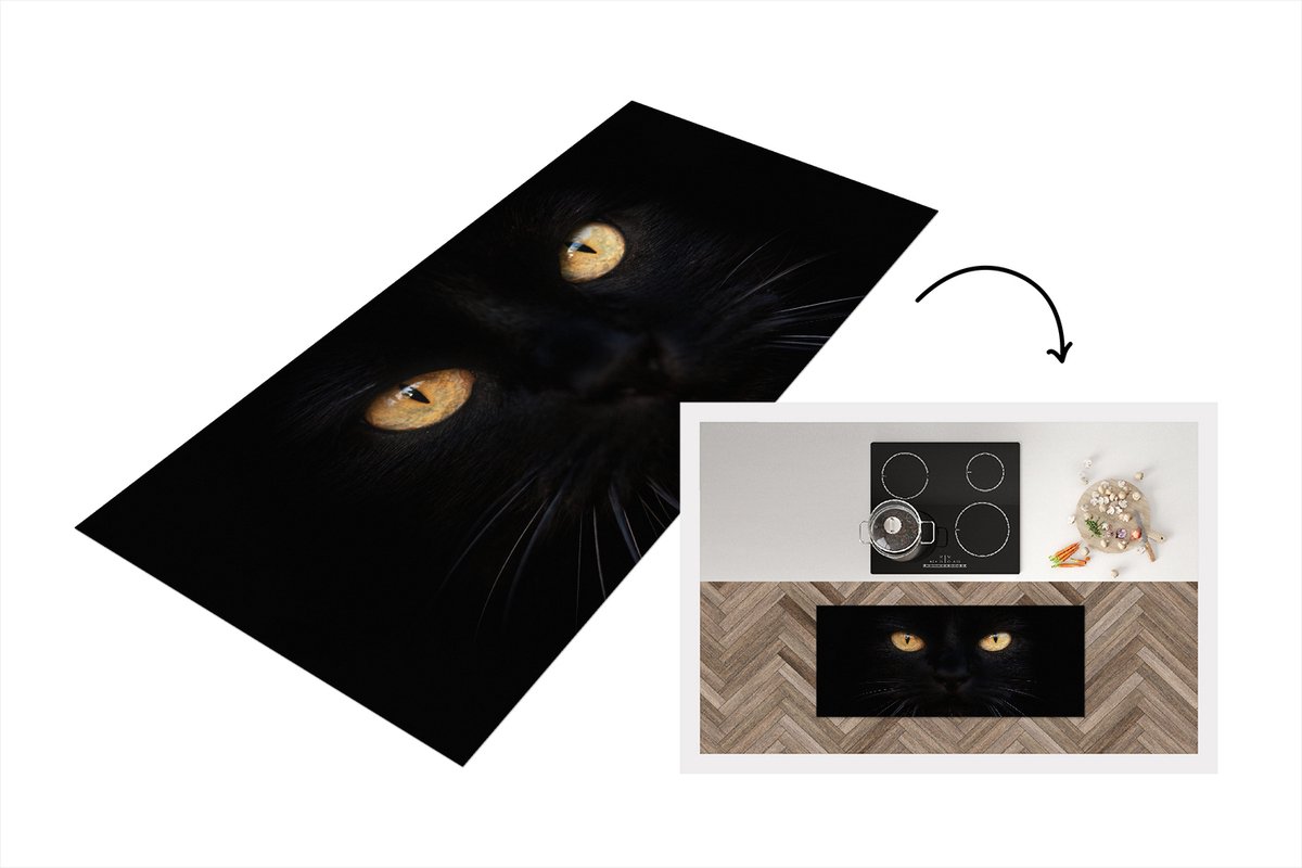 KitchenYeah Keukenloper - Loper keuken - Close-up zwarte kat - 120x50 cm - Keukenloper vinyl Multicolor