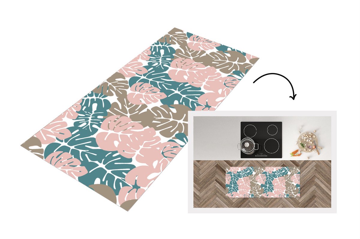 KitchenYeah Keukenloper - Loper keuken - Monstera - Jungle - Patronen - Pastel - Bladeren - 120x50 cm - Keukenloper vinyl Multicolor