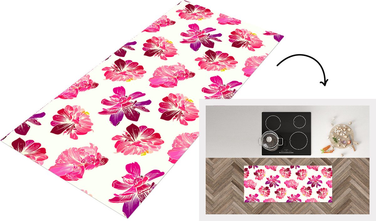 KitchenYeah Keukenloper - Loper keuken - Bloemen - Roze - Patroon - 120x50 cm - Keukenloper vinyl Multicolor