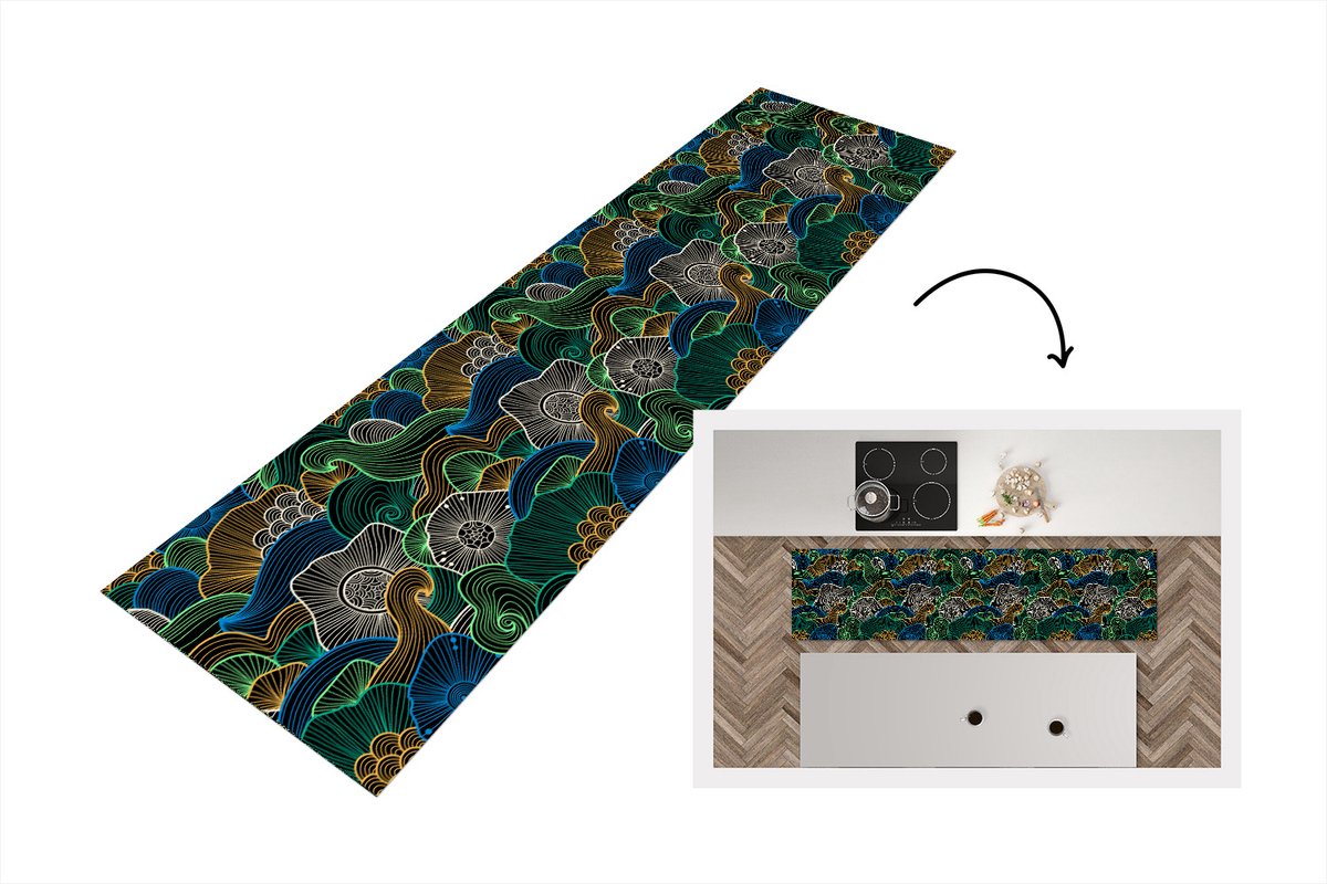KitchenYeah Keukenloper - Loper keuken - Patroon - Bloemen - Glow - 200x50 cm - Keukenloper vinyl Multicolor