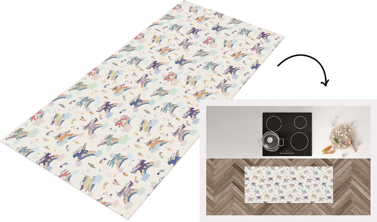 KitchenYeah Keukenloper - Loper keuken - Unicorn - Regenboog - Patronen - 120x50 cm - Keukenloper vinyl Multicolor