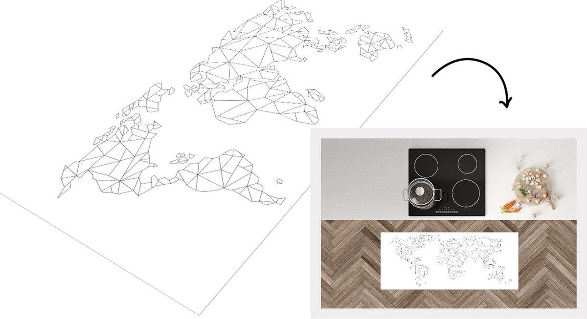 KitchenYeah Keukenloper - Loper keuken - Wereldkaart - Lijn - Zwart - Wit - Keukenloper vinyl Multicolor