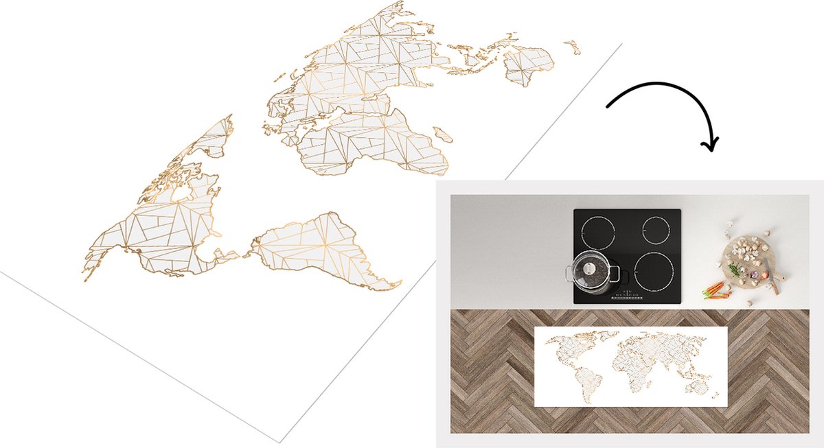 KitchenYeah Keukenloper - Loper keuken - Wereldkaart - Lijn - Goud - 120x50 cm - Keukenloper vinyl Multicolor