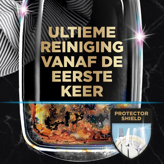 Sterk vervuilde pan in glas, met beschermingsschild symbool. Tekst "Ultieme reiniging vanaf de eerste keer".