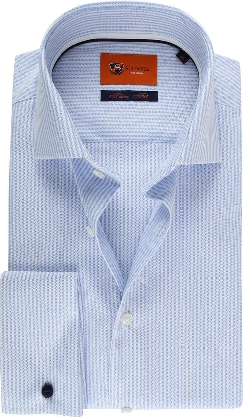 Suitable - Overhemd Dubbelmanchet Blauw - 38 - Heren - Slim-fit
