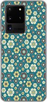 Geschikt voor Samsung Galaxy S20 Ultra hoesje - Retro - Bloemen - Patronen - Blauw - Siliconen Telefoonhoesje