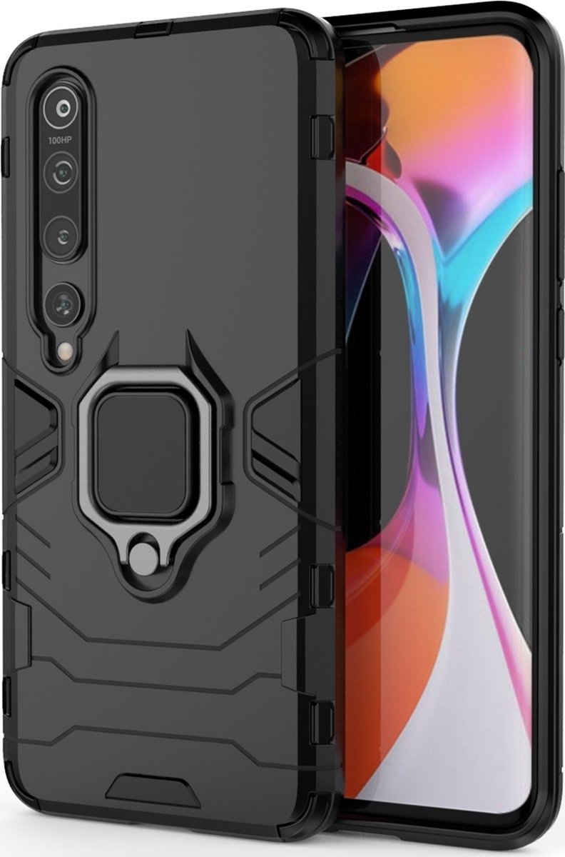 Mobigear Hoesje geschikt voor Xiaomi Mi 10 Telefoonhoesje Hardcase | Mobigear Armor Ring Backcover Shockproof met Ringhouder | Schokbestendig Mi 10 Telefoonhoesje | Anti Shock Proof - Zwart