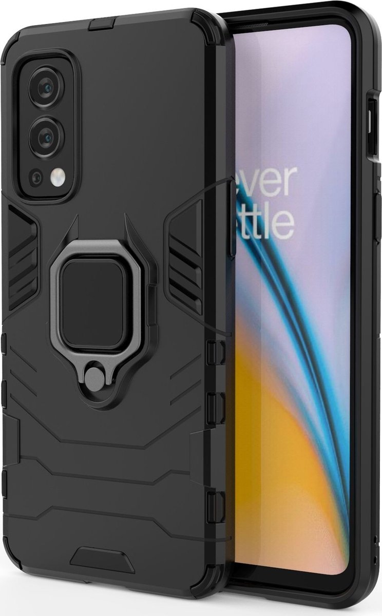 Mobigear Hoesje geschikt voor OnePlus Nord 2 Telefoonhoesje Hardcase | Mobigear Armor Ring Backcover Shockproof met Ringhouder | Schokbestendig Nord 2 Telefoonhoesje | Anti Shock Proof - Zwart