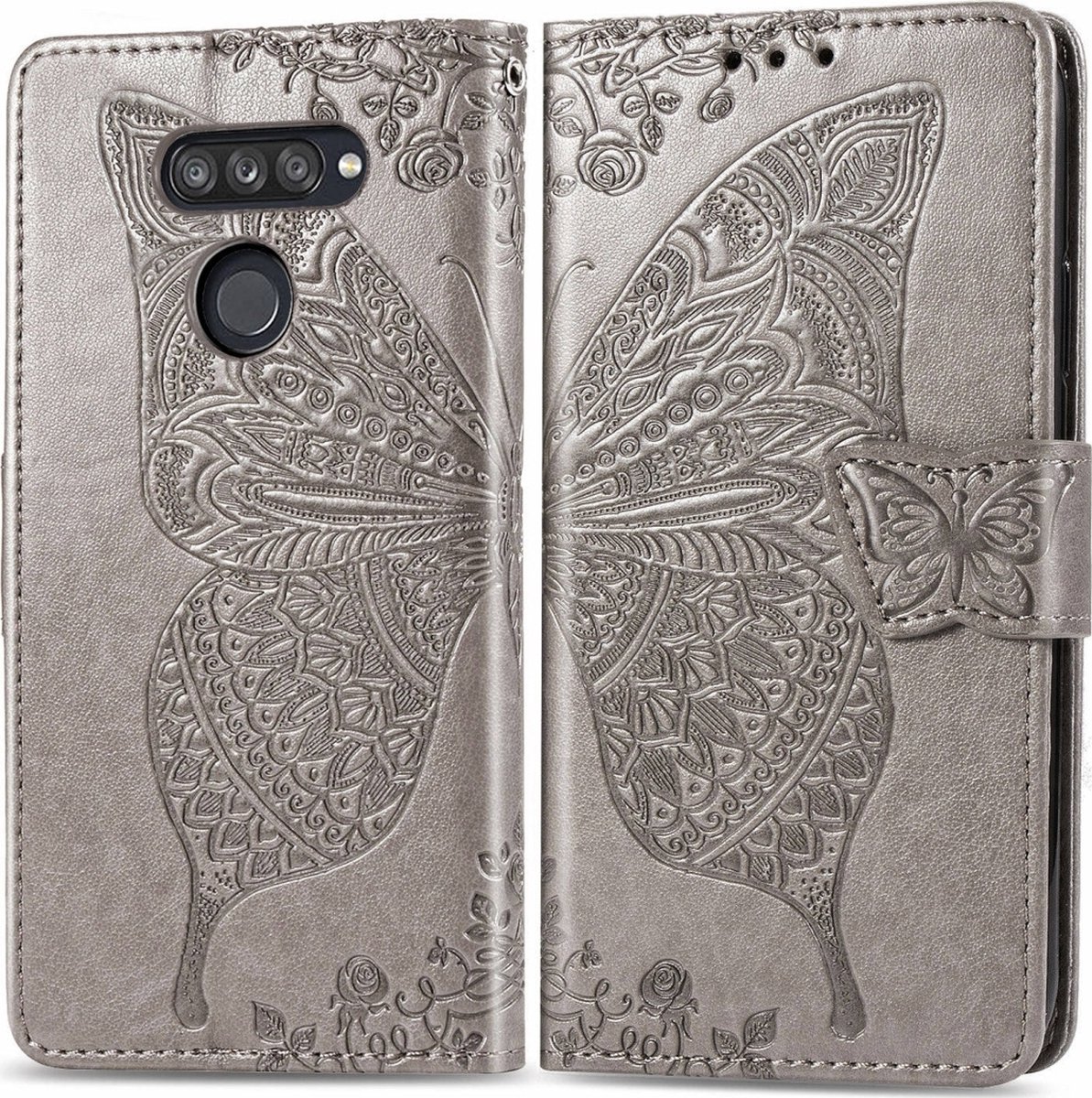 Mobigear Telefoonhoesje geschikt voor LG K50s Hoesje | Mobigear Butterfly Bookcase Portemonnee | Pasjeshouder voor 3 Pasjes | Telefoonhoesje voor Pinpas / OV Kaart / Rijbewijs - Grijs