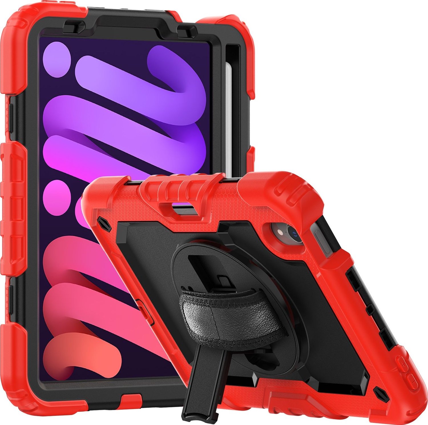 Mobigear SureGrip Xtreme - Tablethoes geschikt voor Apple iPad Mini 6 (2021) Hardcase Backcover + Stylus Houder + Schouderband + Standaard - Zwart / Rood