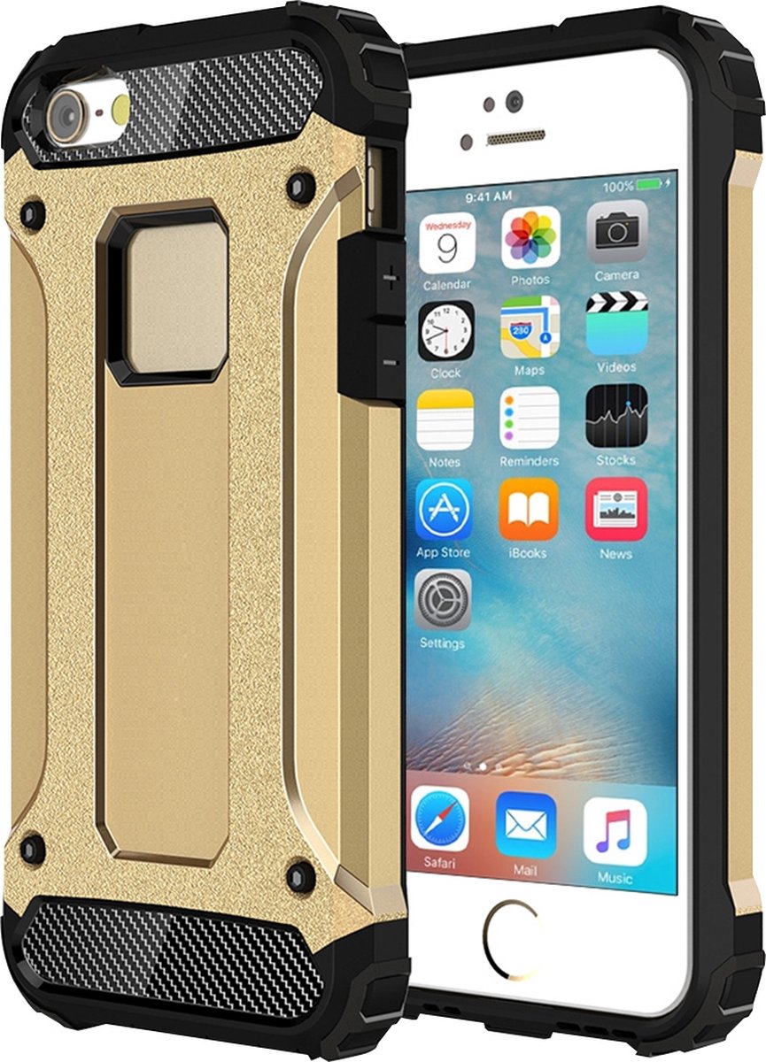 Mobigear Hoesje geschikt voor Apple iPhone SE (2016) Telefoonhoesje Hardcase | Mobigear Outdoor Backcover Shockproof | Schokbestendig iPhone SE (2016) Telefoonhoesje | Anti Shock Proof - Goud