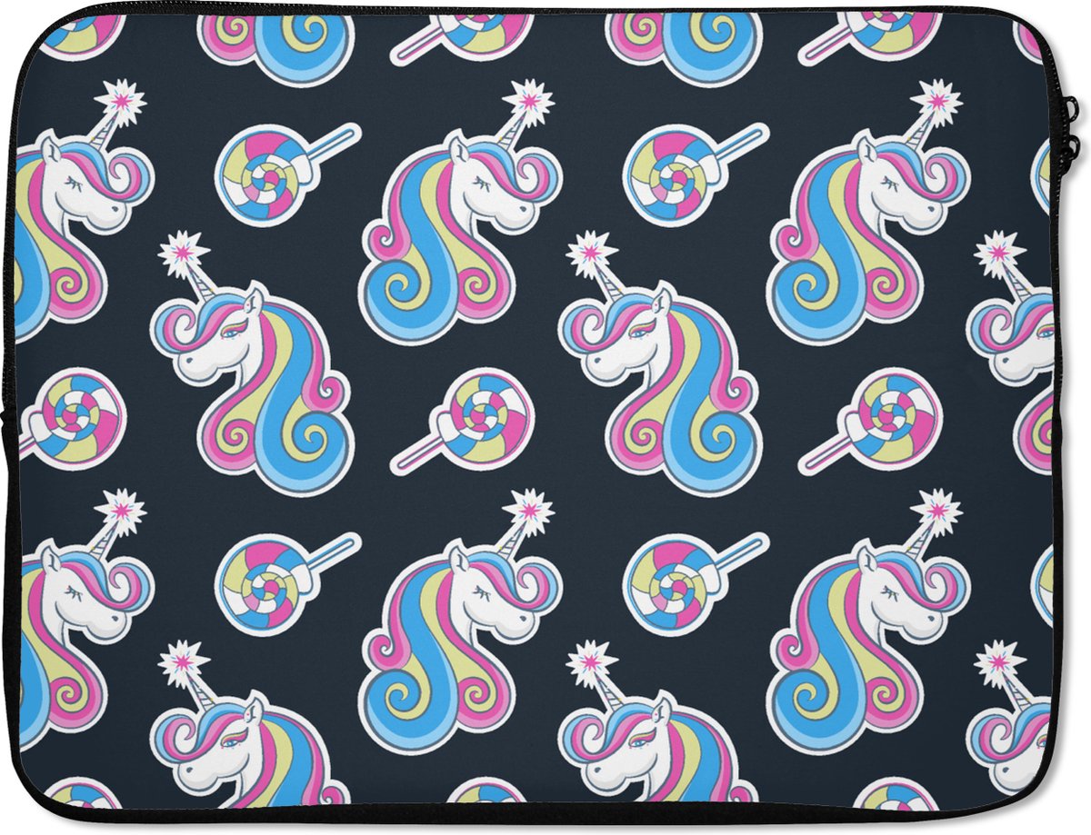 Laptophoes 15.6 inch - Meisje - Unicorn - Lolly snoep - Patronen - Girl - Kids - Kinderen - Laptop sleeve - Binnenmaat 37x26 cm - Zwarte achterkant