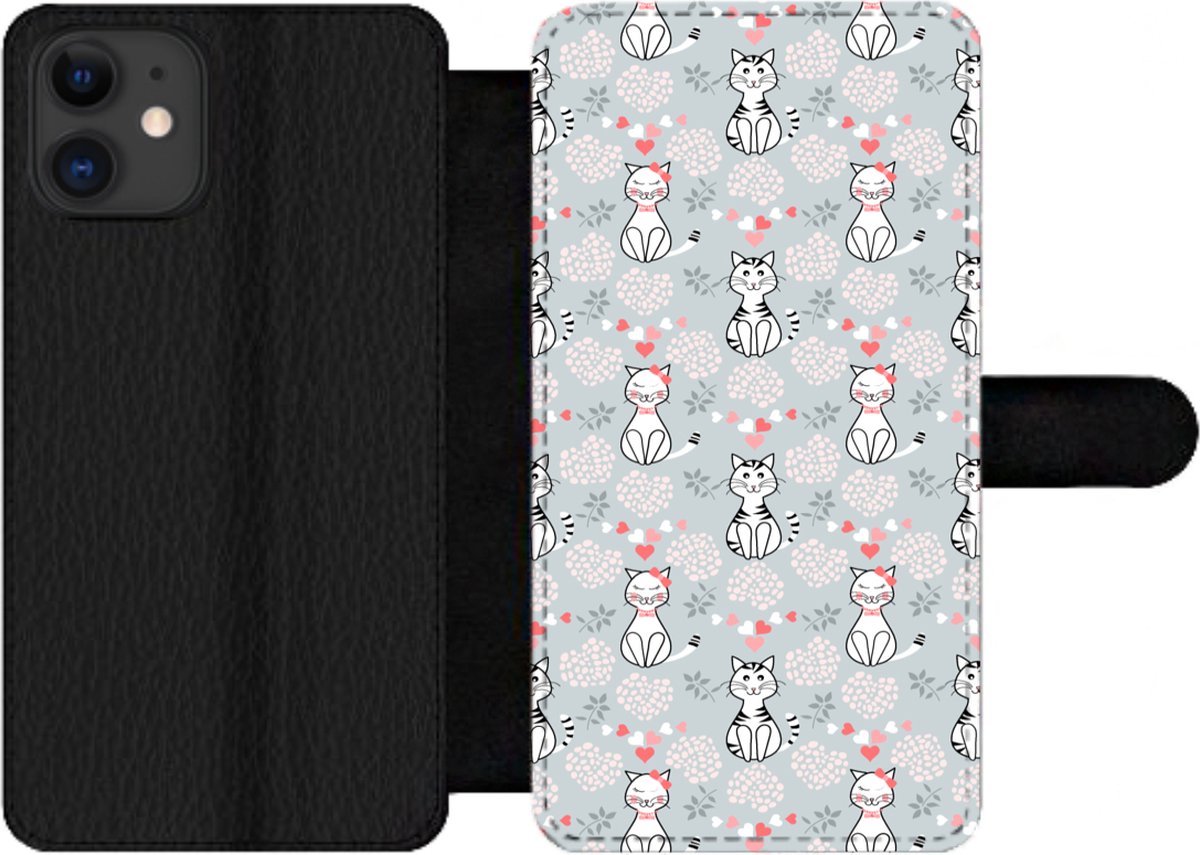 Telefoonhoesje Geschikt voor iPhone 12 Pro Max telefoonhoesje - Patronen - Kat - Hart - Girl - Kids - Kinderen - Meiden - Met vakjes - Wallet case met magneetsluiting