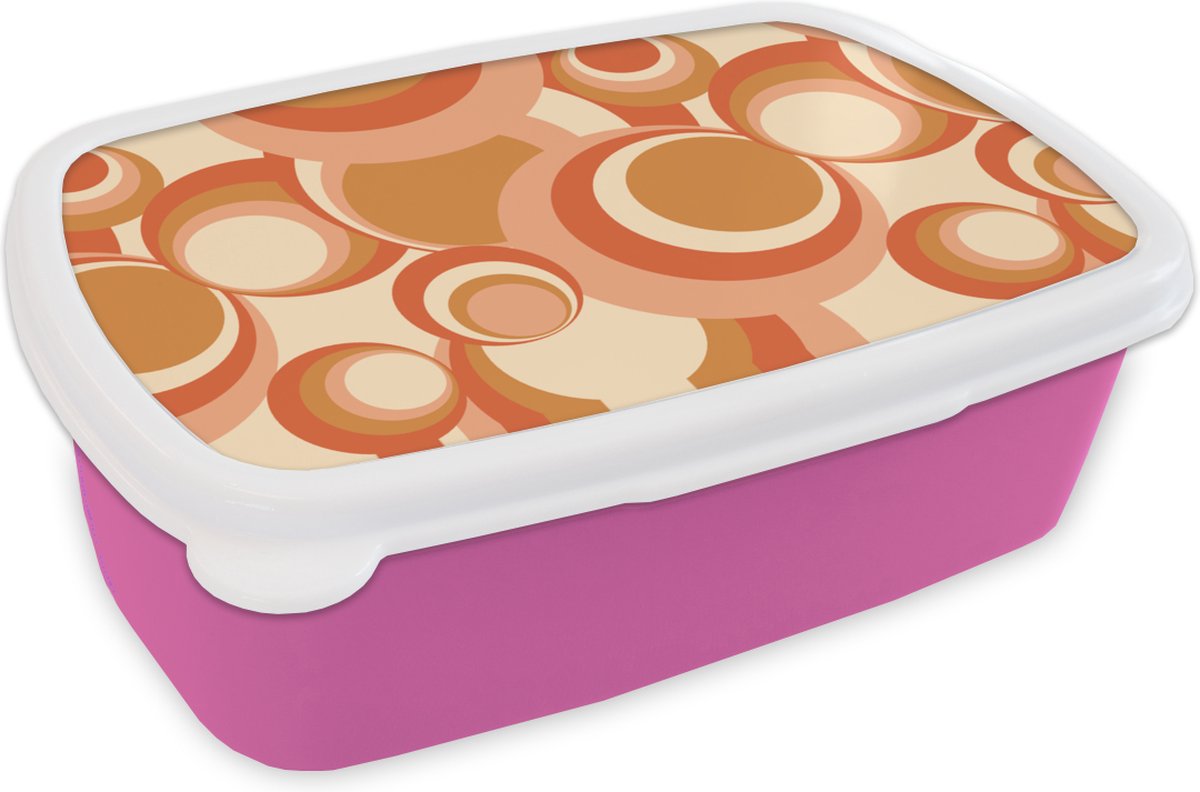 Broodtrommel Roze - Lunchbox - Brooddoos - Cirkel - Retro - Patroon - 18x12x6 cm - Kinderen - Meisje