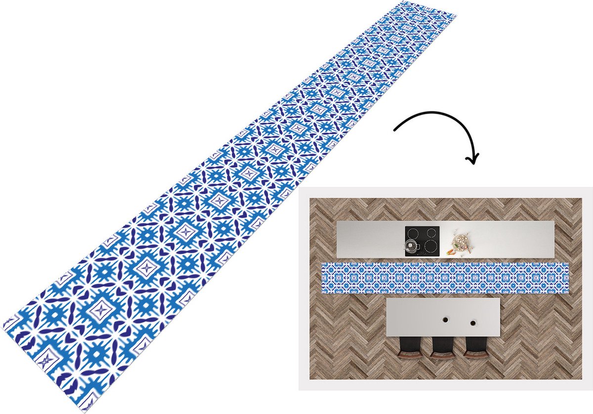 KitchenYeah Keukenloper - Keukenmat - Vector - Blauw - Tegels - Patronen - 480x60 cm - Keuken vloerkleed Multicolor