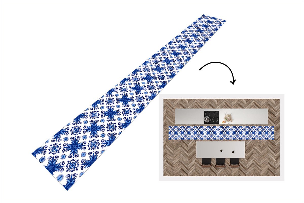 KitchenYeah Keukenloper - Keukenmat - Tegel - Bloem - Blauw - Patroon - 480x60 cm - Keuken vloerkleed Multicolor