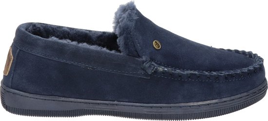 Donkerblauwe suède slof met bont voering, zichtbare stiksels en bruin label.