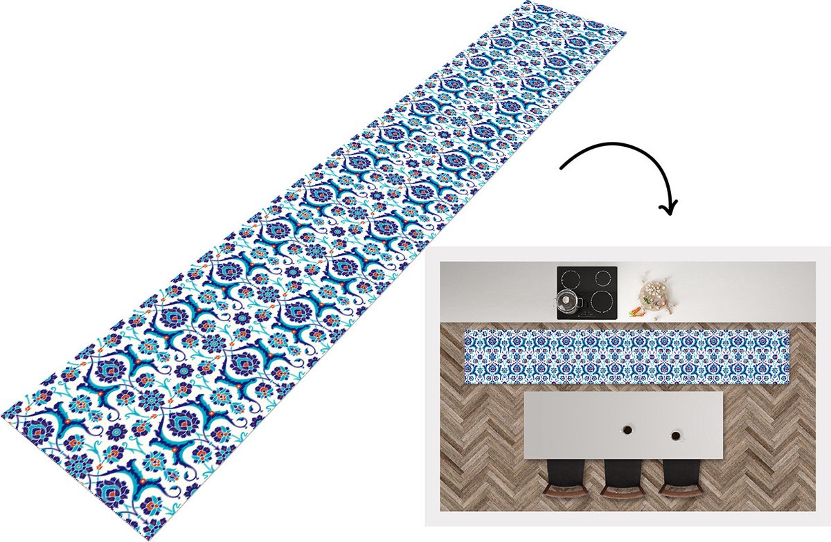 KitchenYeah Keukenloper - Keukenmat - Bloemen - Patronen - Blauw - 360x60 cm - Keuken vloerkleed Multicolor