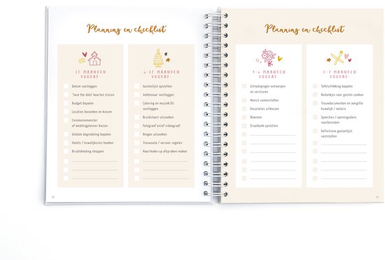Twee pagina's uit een bruiloft planner met illustraties en checklists in het Nederlands.