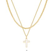 Twice As Nice Halsketting in goudkleurig edelstaal, dubbele ketting, kruisje in witte email 38 cm+5 cm