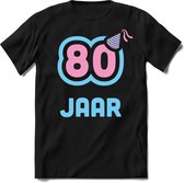 80 Jaar Feest kado T-Shirt Heren / Dames - Perfect Verjaardag Cadeau Shirt - Licht Blauw / Licht Roze - Maat 3XL