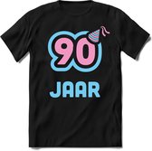 90 Jaar Feest kado T-Shirt Heren / Dames - Perfect Verjaardag Cadeau Shirt - Licht Blauw / Licht Roze - Maat L