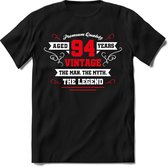 94 Jaar Legend - Feest kado T-Shirt Heren / Dames - Wit / Rood - Perfect Verjaardag Cadeau Shirt - grappige Spreuken, Zinnen en Teksten. Maat XXL