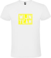 Wit T shirt met print van " Wijn Team " print Neon Geel size L