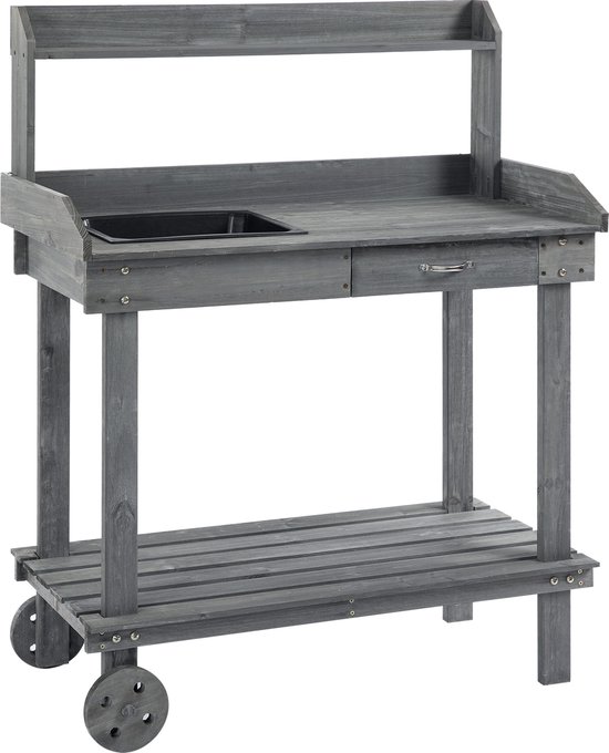 Outsunny plantentafel, tuintafel met uitschuifbaar tafelblad, geïntegreerde RVS spoelbak, 2 opbergvakken, massief hout, bruin, 92 x 45 x 120 cm