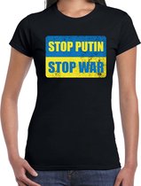 Stop putin stop war t-shirt zwart dames - Oekraine protest/ demonstratie shirt met Oekraiense vlag S